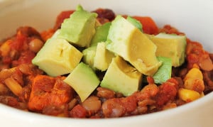 Slow Cooker Lentil Sweet Potato Chili close up shot.