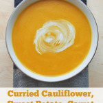 This vegan, slow cooker curried cauliflower sweet potato carrot soup is the perfect lunch or supper for cold winter days.