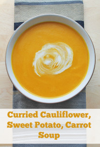 This vegan, slow cooker curried cauliflower sweet potato carrot soup is the perfect lunch or supper for cold winter days.