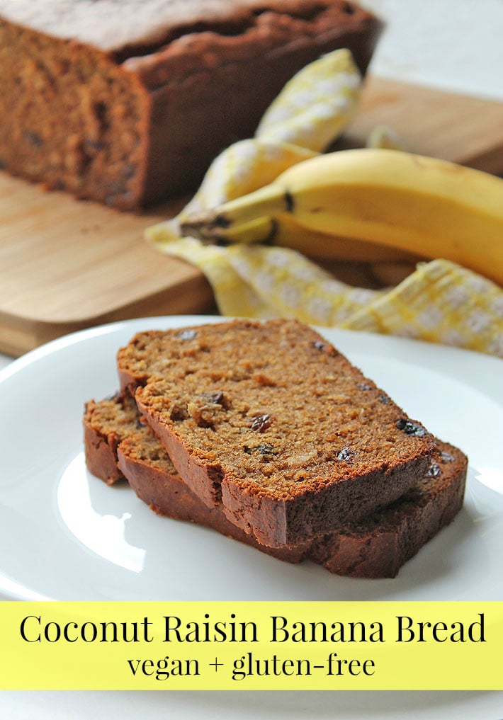 Two pieces of coconut raisin banana bread on a plate.