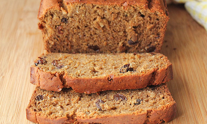 A sliced loaf of banana bread.