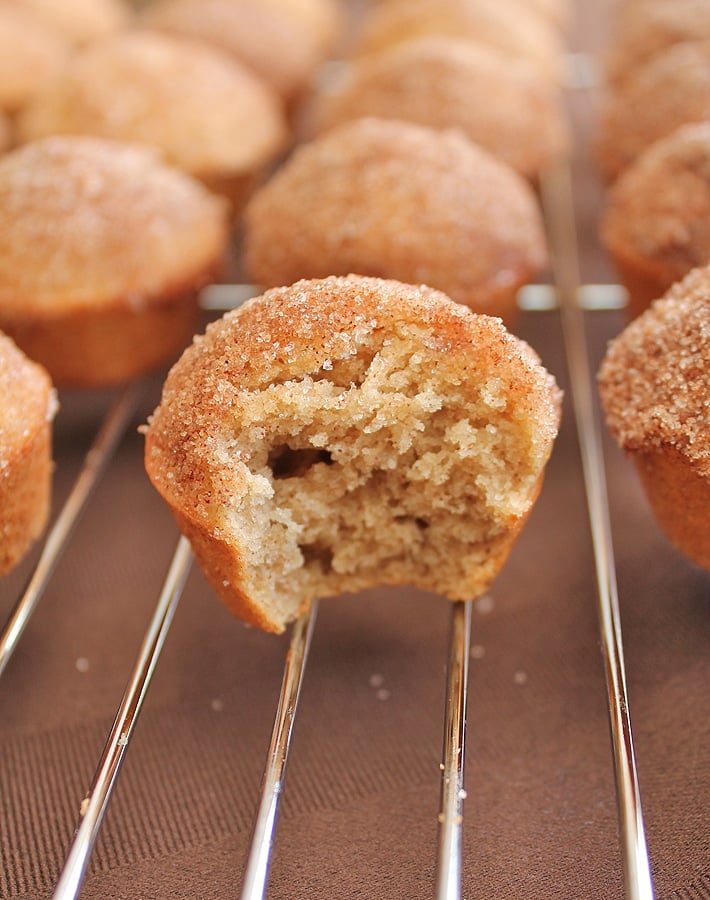 Old Fashioned Cake Doughnut Mini Muffins on a metal cooling rack, the muffin at the forefront of the image has a bite taken out of it.