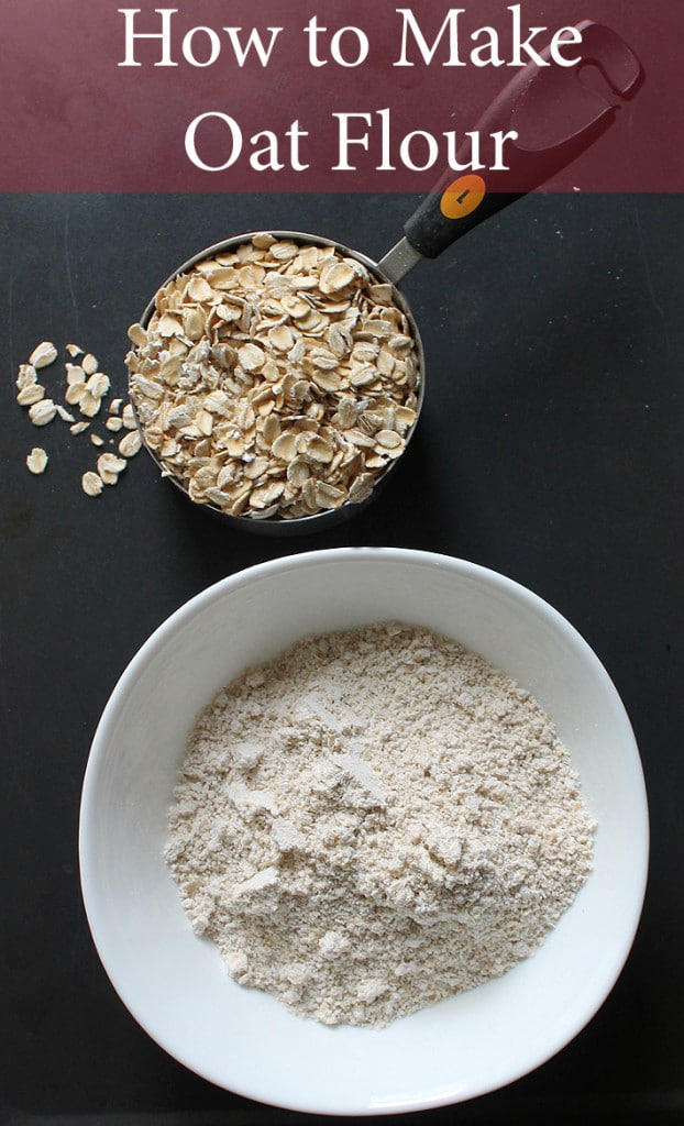 Overhead shot of oat flour in a bowl