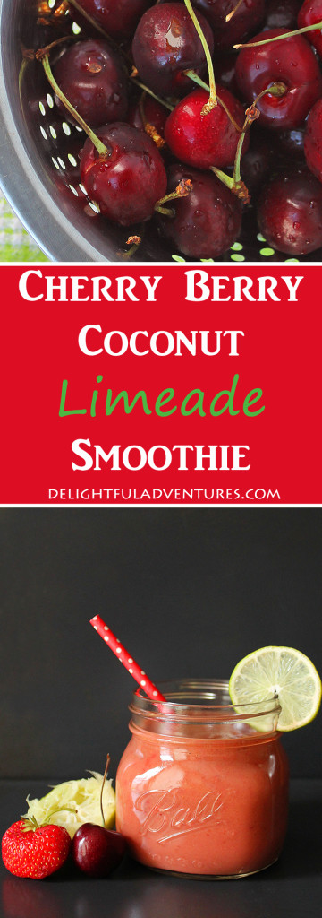 Craving a refreshing, sweet, but tart drink to cool you down on a hot summer's day? This Cherry Berry Coconut Limeade Smoothie will do the trick!