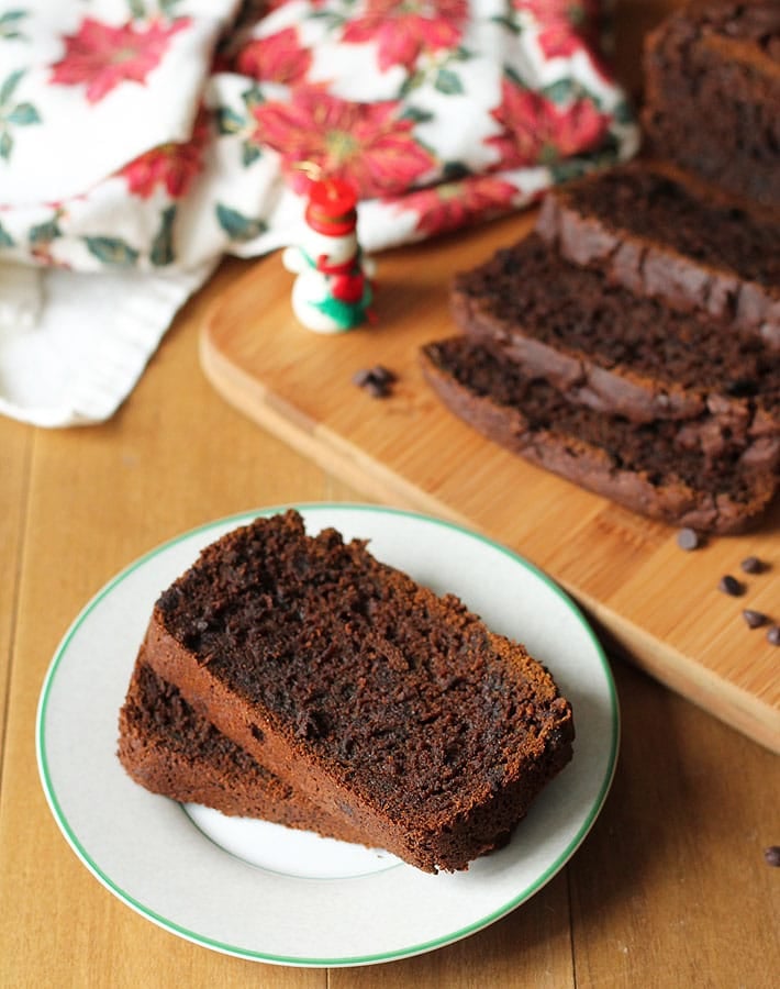 Overhead shot of two slices of Vegan Gluten Free Gingerbread Loaf on a white plate.