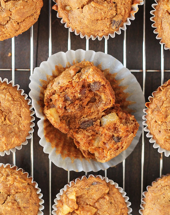 Vegan Gluten Free Morning Glory Muffins on a cooling rack.