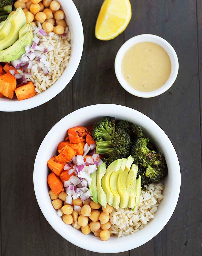 This recipe for Sweet Potato Broccoli Chickpea Bowls can be doubled to easily serve more than two.