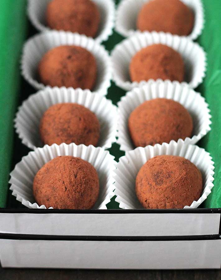 Dark Chocolate Mint Truffles in an opened gift box.