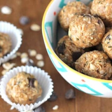 Close up shot of No Bake Peanut Butter Coconut Balls in a bowl.