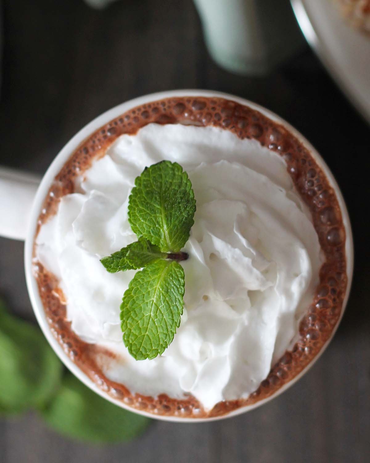 Overhead shot of a mug of Vegan Peppermint Hot Chocolate with whipped coconut cream and a fresh mint leaf on top.