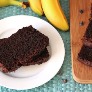 Vegan Chocolate Banana Bread slices on a white plate.