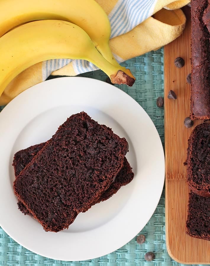 Overhead shot of two slices of Vegan Chocolate Banana Bread on a white plate.