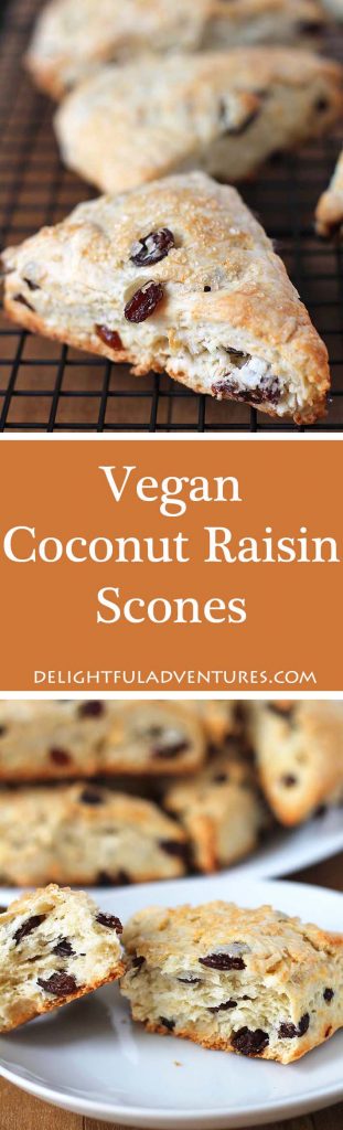 These Coconut Raisin Vegan Scones have the perfect texture and are wonderful to enjoy with tea. They're also ideal for serving at breakfast or brunch.