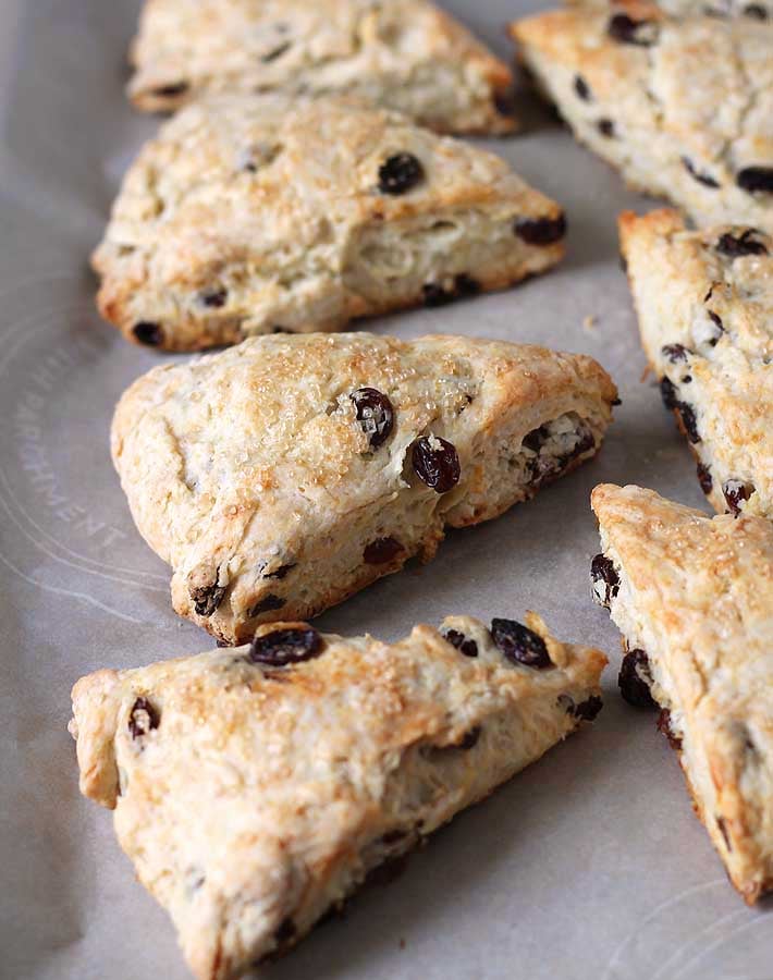 Coconut Raisin Vegan Scones sitting on a parchment paper lined baking sheet.