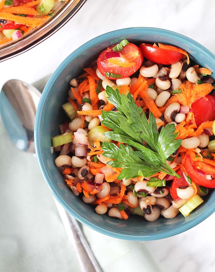 Overhead shot of a bowl of Simple Black-Eyed Pea Salad.