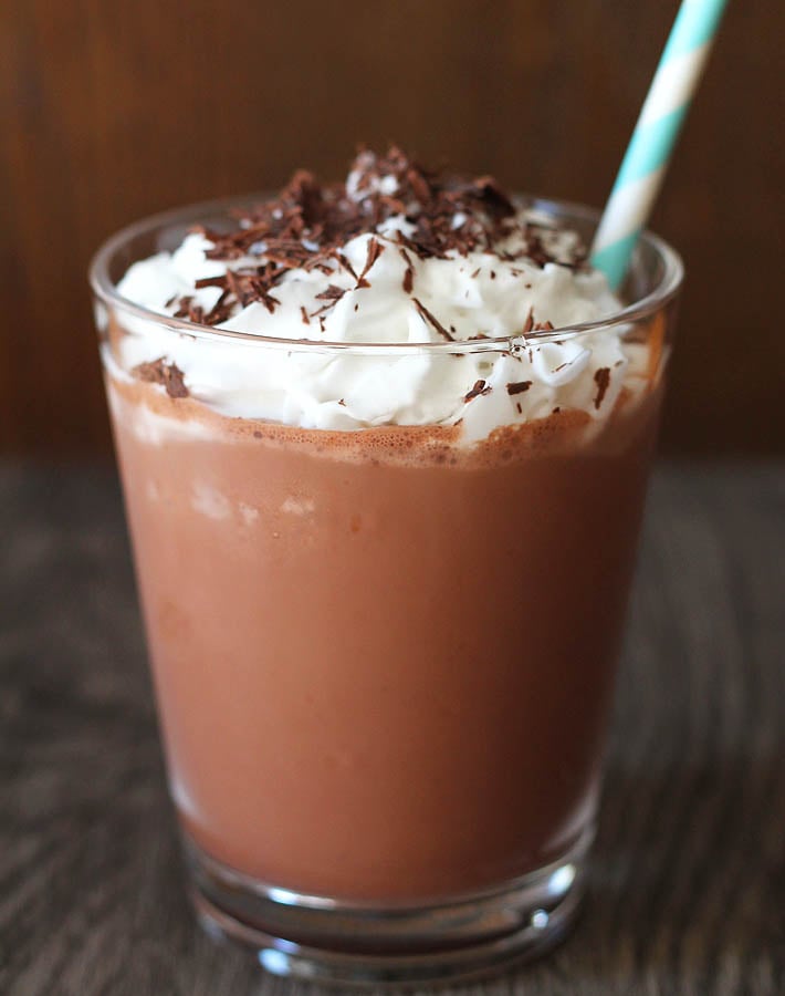 Vegan Mocha Frappe in a glass, close up shot.