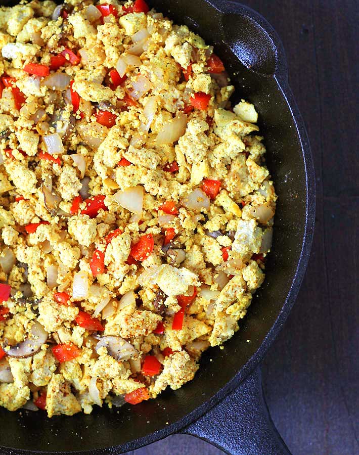 Cooked Southwest Tofu Scramble in a cast iron skillet.