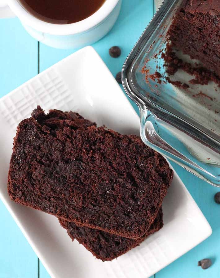 Overhead shot of Vegan Gluten Free Chocolate Zucchini Bread on a plate