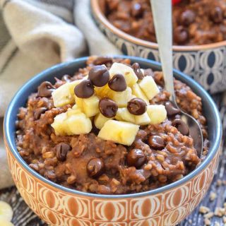 Easy Instant Pot Vegan Recipes - Chocolate Instant Pot Steel Cut Oats in a bowl with sliced bananas and chocolate chips on top for garnish.