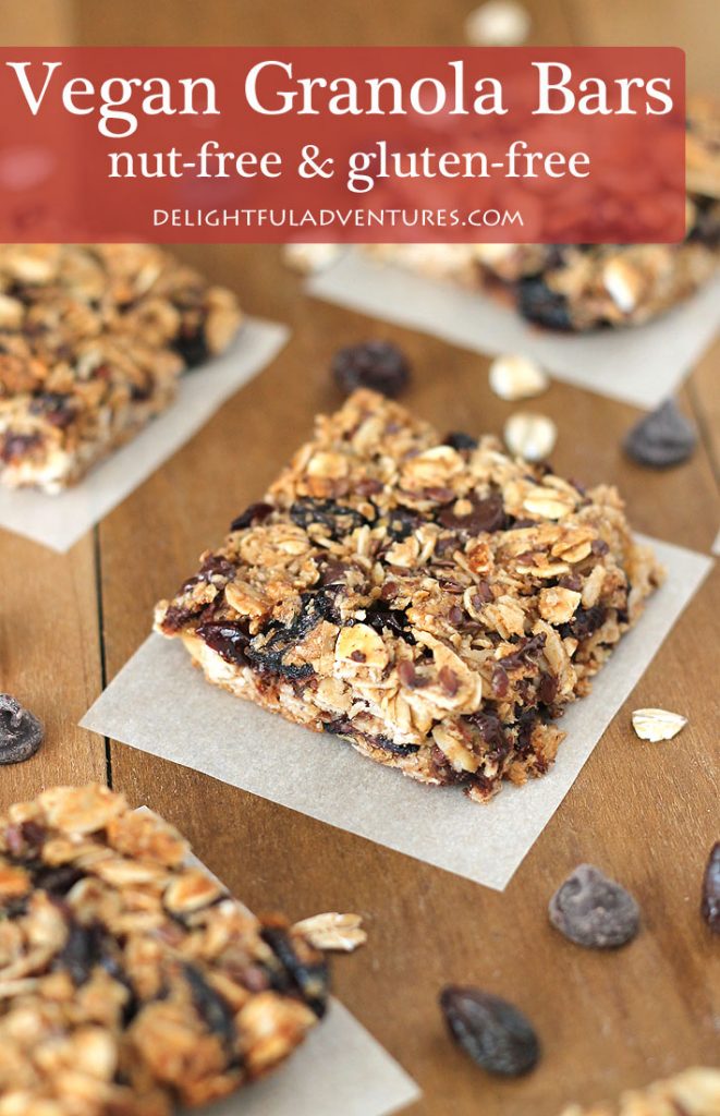 Vegan Granola Bars that also happen to be nut-free and gluten-free! This is a quick and easy recipe to make and add-ins can be customized to suit what you and your family prefer.