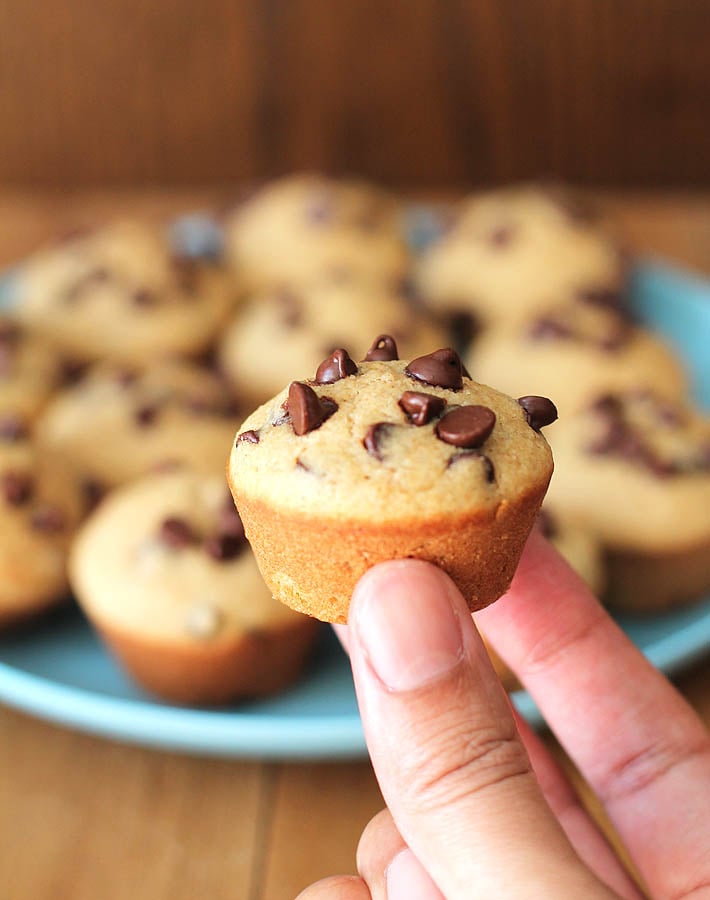 A hand holding up a mini chocolate chip muffin.