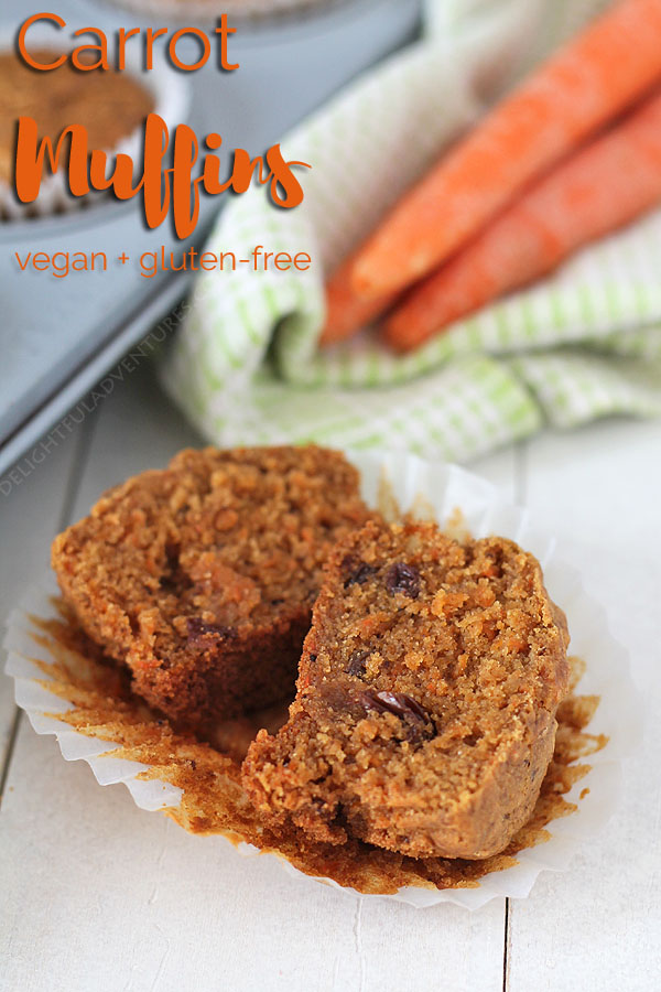 Easy gluten free vegan carrot muffins that are loaded with shredded carrots, raisins, walnuts, and spices. They're very similar to carrot cake but without the icing!