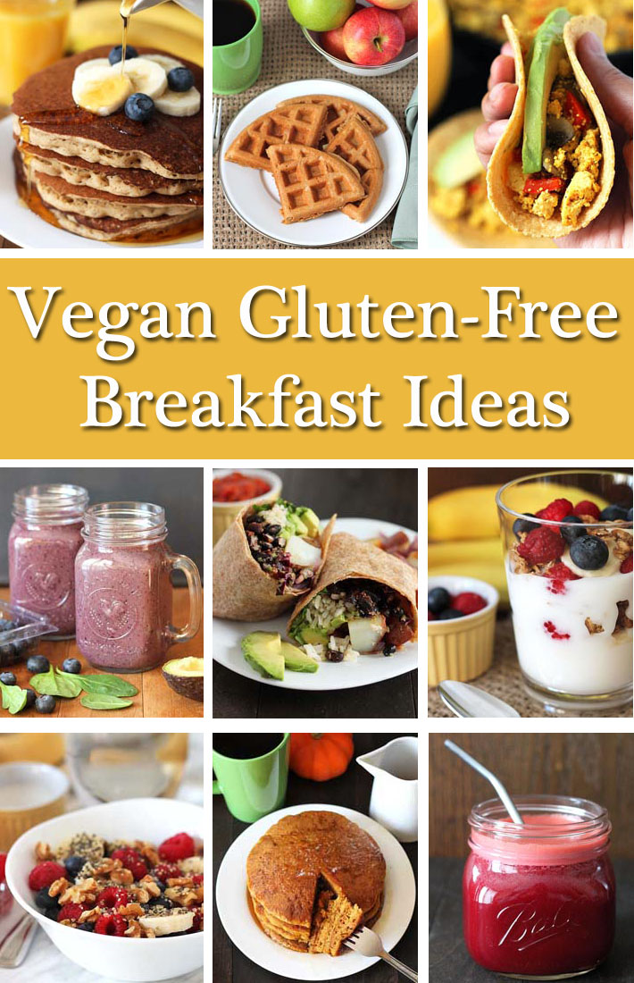 A collage of breakfast idea images, a text box in the middle of the collage says vegan gluten free breakfast ideas.