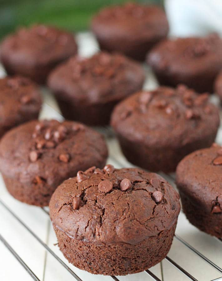 Vegan Gluten Free Chocolate Zucchini Muffins on a stainless steel cooling rack.