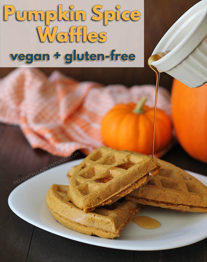 Satisfy your craving for pumpkin spice with these vegan gluten free pumpkin spice waffles at breakfast. Crispy on the outside, soft and fluffy inside!