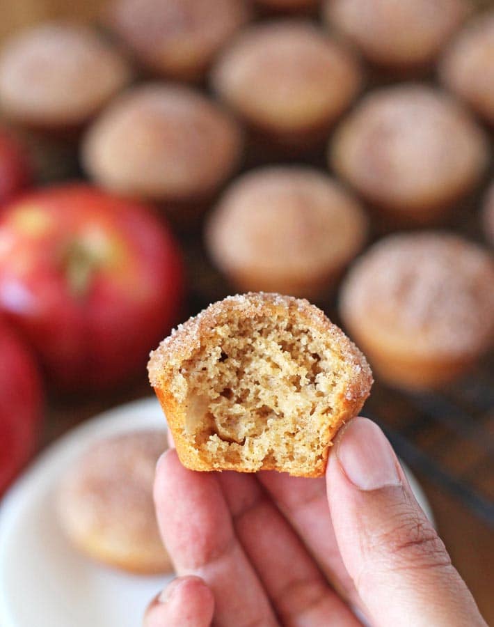 A Gluten Free Vegan Apple Muffins being held up to show the inside texture.