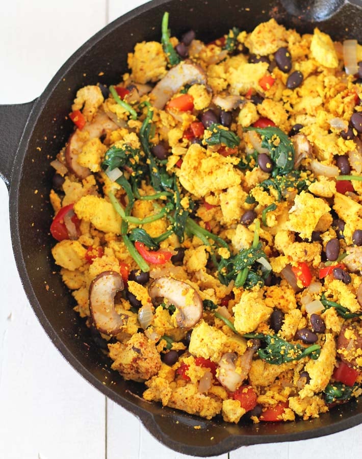 The filling for Tofu Breakfast Burritos in a cast iron skillet.