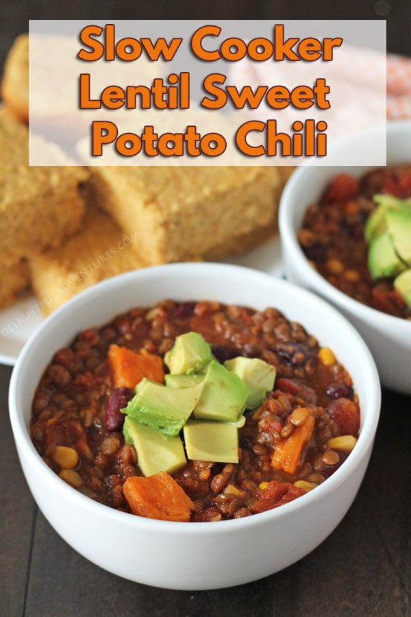 Nothing says comfort meal like this easy and hearty vegetarian / vegan Slow Cooker Lentil Sweet Potato Chili. The perfect way to warm up on a cold day!