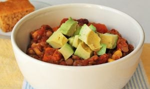 Slow Cooker Lentil Sweet Potato Chili in a bowl.