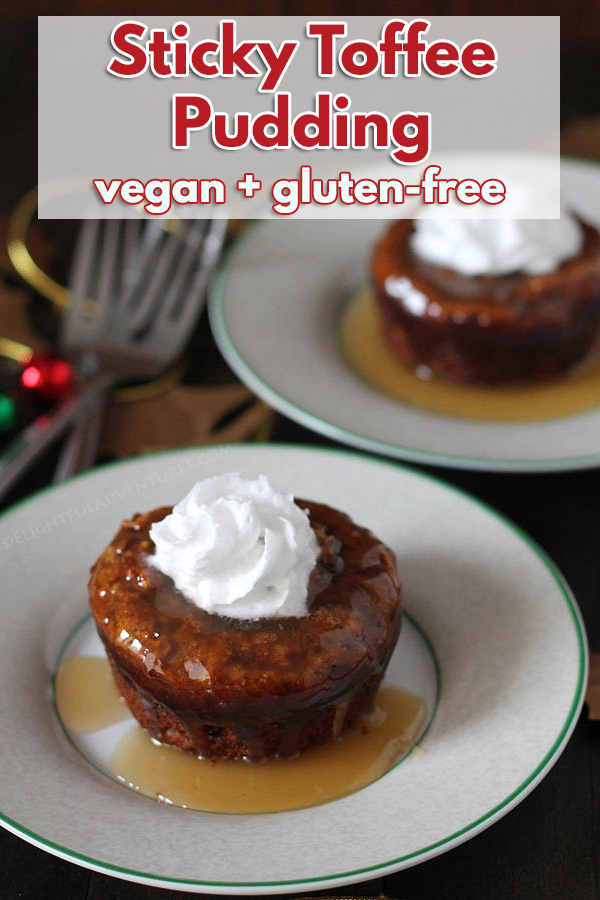 This Vegan Gluten Free Sticky Toffee Pudding, dripping with rich maple caramel sauce, is a delicious twist on a sweet, classic holiday dessert.