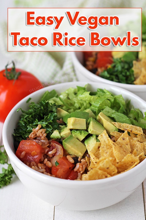 An easy recipe for flavour-filled vegan taco rice bowls. This dish is not only delicious, it's also gluten-free and packed with fresh, tasty ingredients.