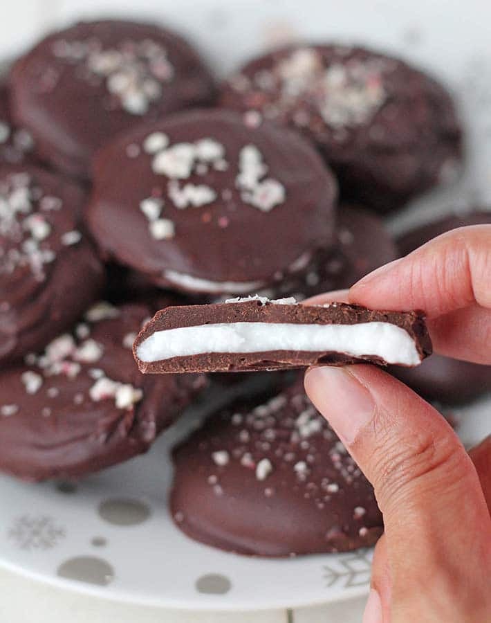 Shot showing the inside of Vegan Peppermint Patties.