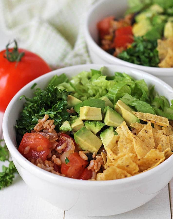 Close up shot of Taco Rice Bowls.