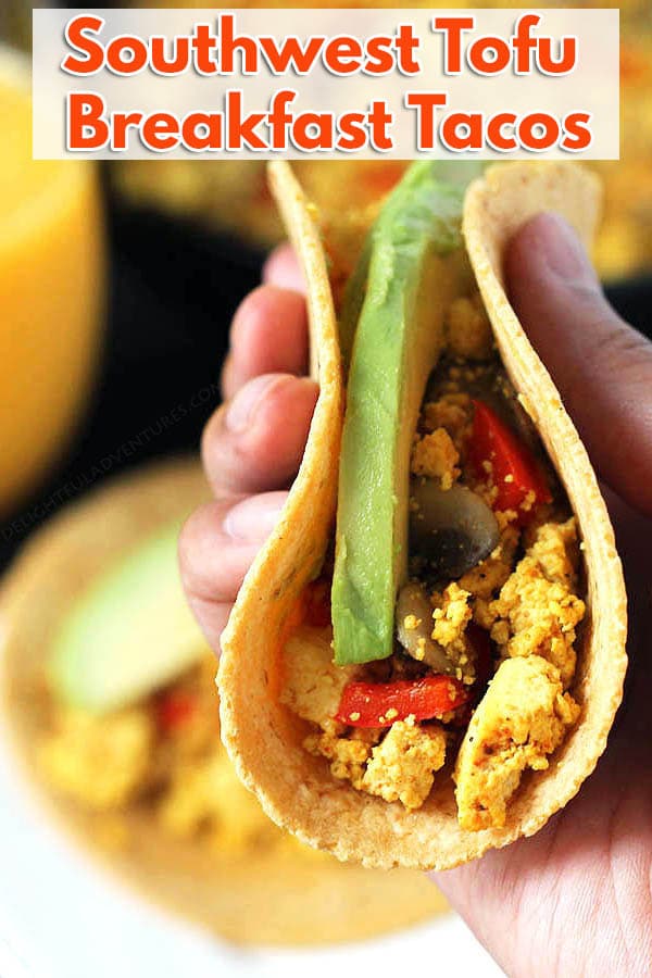 Make something different for breakfast by trying out these vegan Southwest Tofu Scramble Breakfast Tacos filled with veggies and spicy flavour!