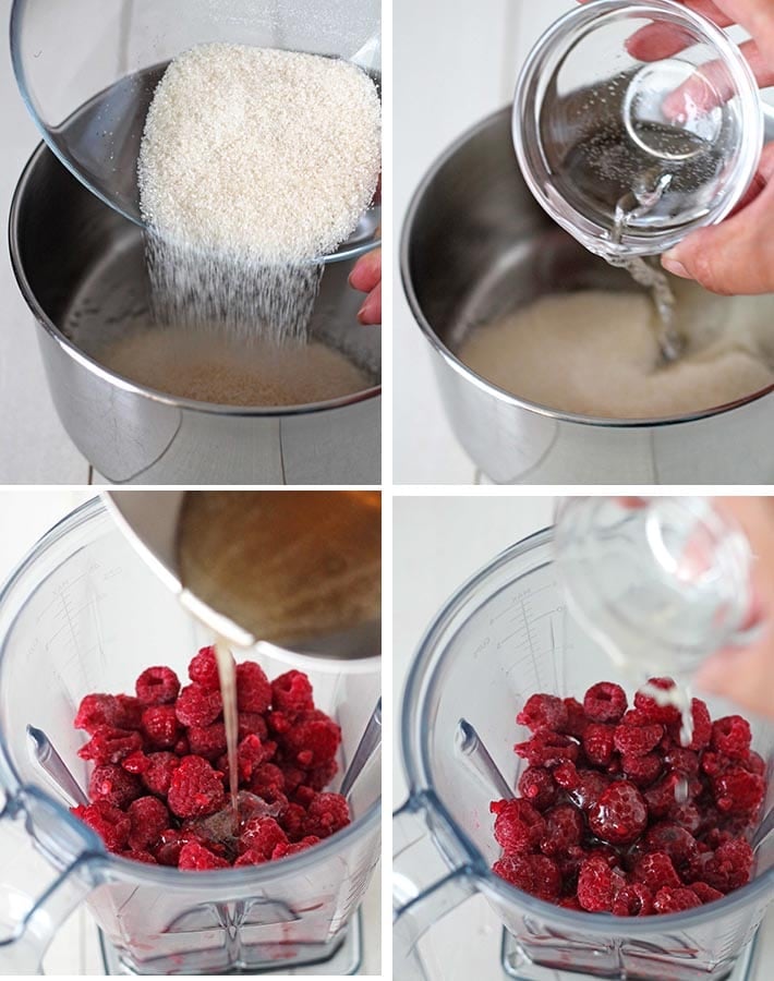 First sequence of steps needed to make easy raspberry sauce.