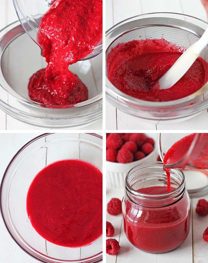 Second sequence of steps needed to make easy raspberry sauce.