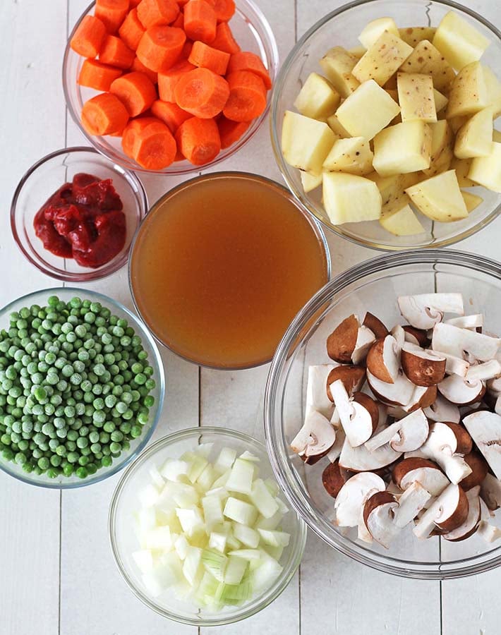 Overhead shot showing all the ingredients needed to make mushroom stew.