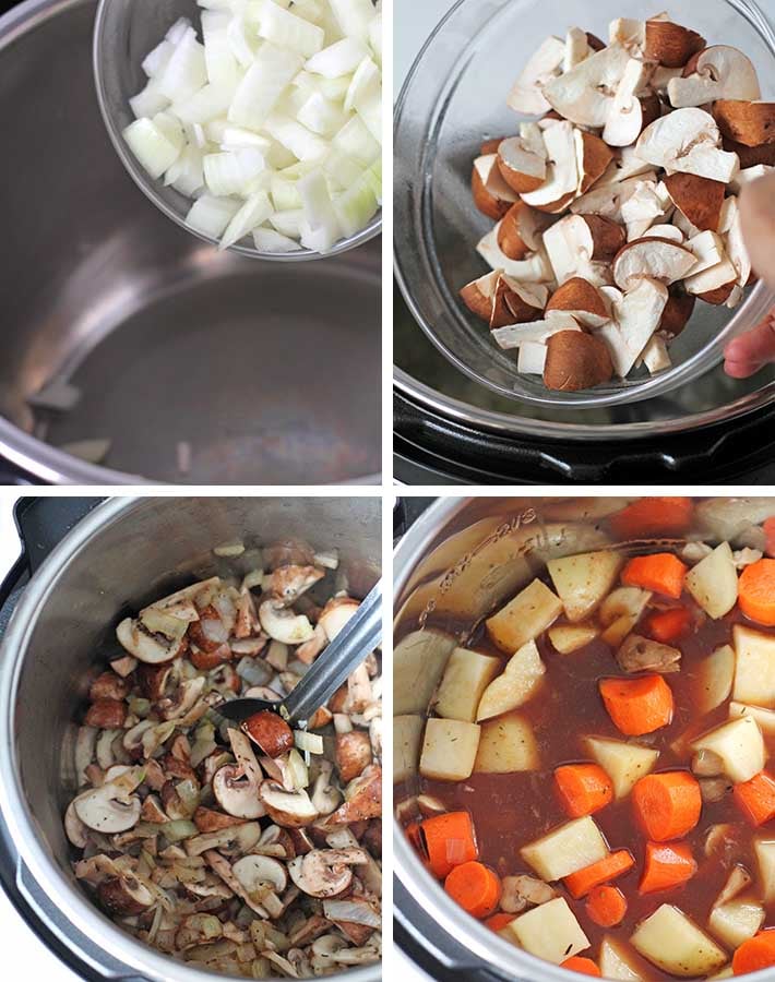 First sequence of steps needed to make vegan mushroom stew.