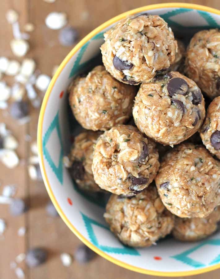 Overhead shot of a bowl of No Bake Peanut Butter Coconut Balls.