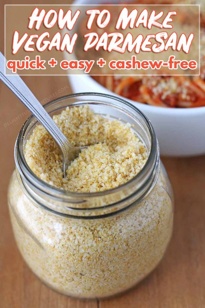 5 minutes and 5 simple ingredients is all it takes to make this easy cashew-free vegan Parmesan. It's the perfect cheesy vegan sprinkle for everything!
