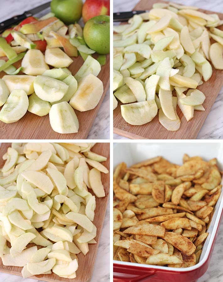 First sequence of steps needed to make Baked Cinnamon Apple Slices.