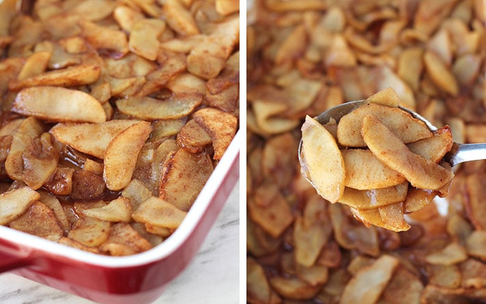 Two images showing Baked Cinnamon Apple Slices fresh out of the oven.