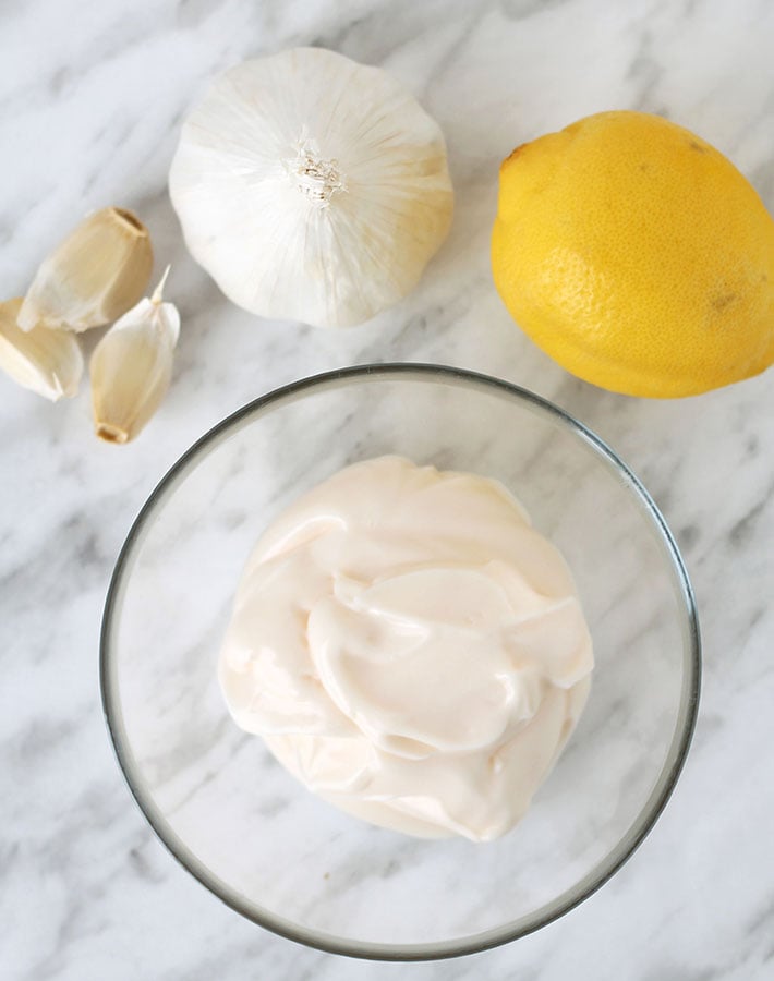 Overhead shot of the ingredients needed to make vegan aioli.