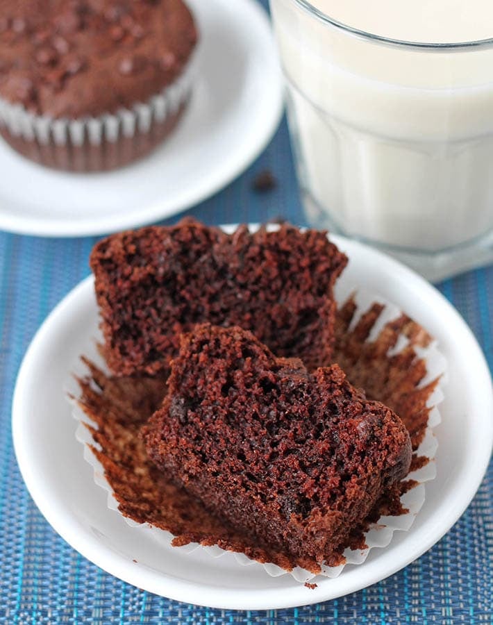 A shot showing what the inside texture of this recipe for Gluten-Free Vegan Chocolate Muffins look like.