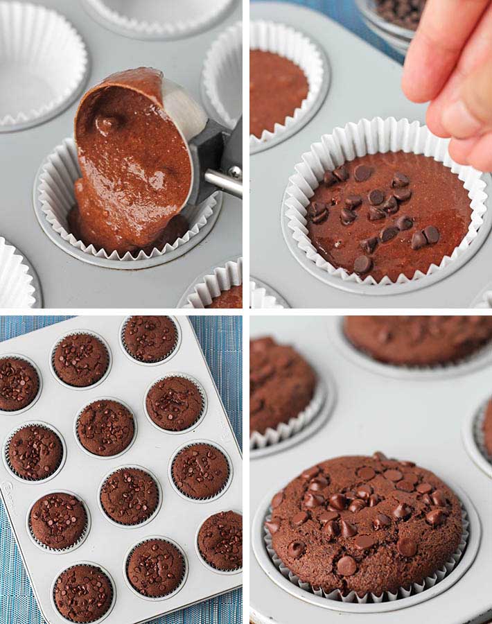 Second sequence of steps needed to make a gluten-free vegan chocolate muffins.