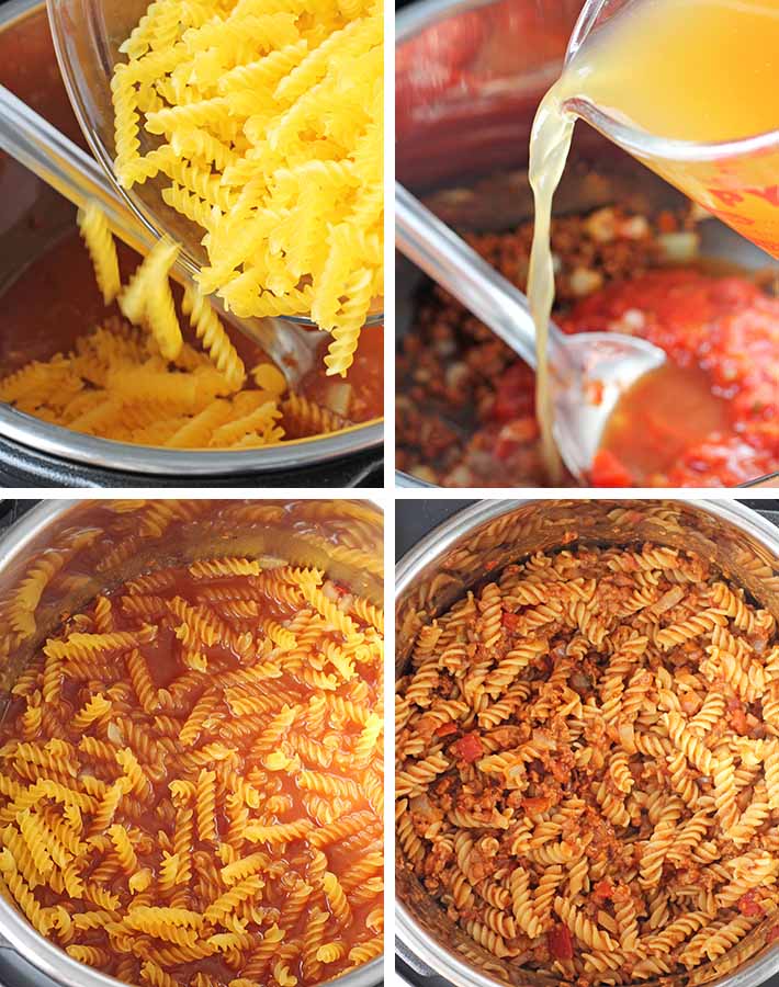 Second sequence of steps needed to make one pot cheesy taco pasta.